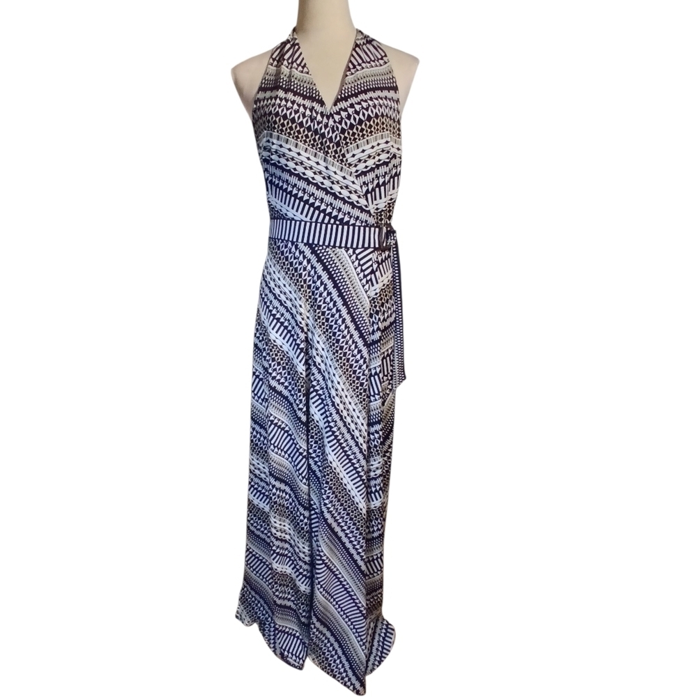 Halter Wrap Maxi Dress  Slimming Geometric Print